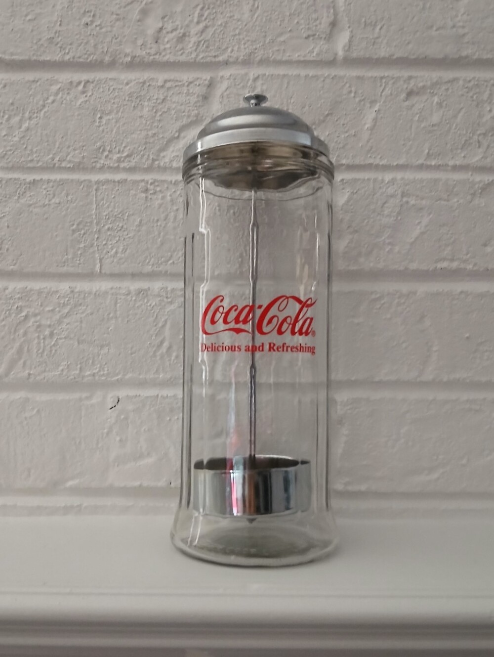 Coca-Cola Clear Glass Straw Holder with Red Logo and Silver Accents
